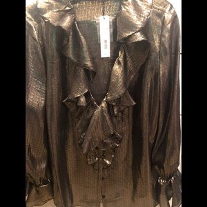 Ruffle trimmed silk-blend shimmery blouse